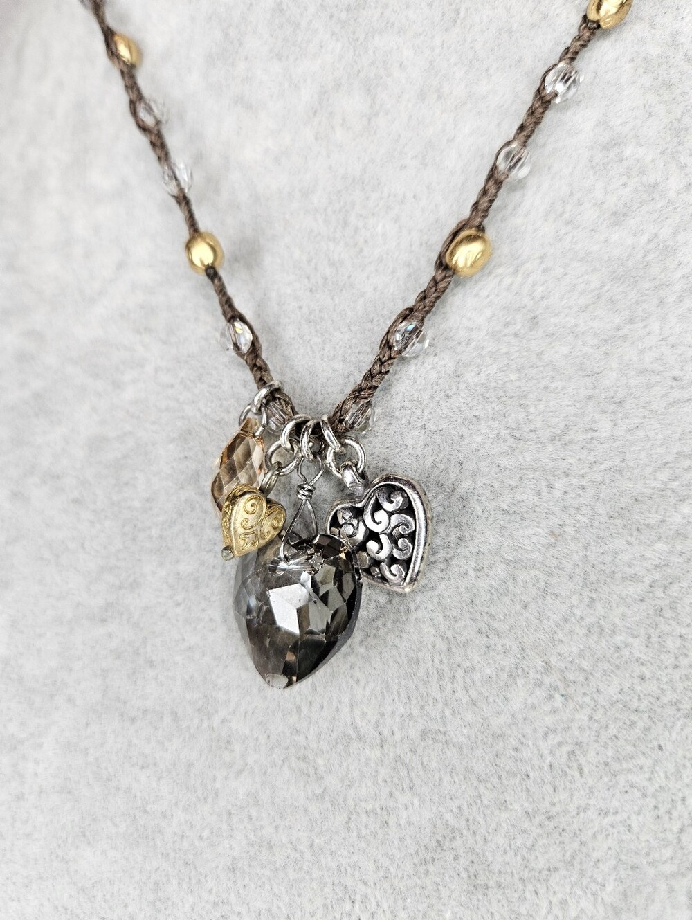 Brighton Karma Crystal Heart Charm Necklace Brown Braided Cord Silver Gold EUC - Picture 2 of 9